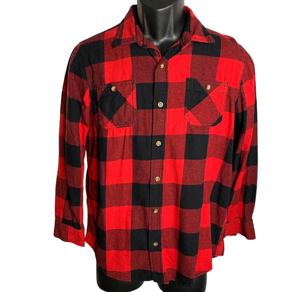 Arizona Jean Boys Button Up Flannel Shirt L Red Black Buffalo Plaid Pockets